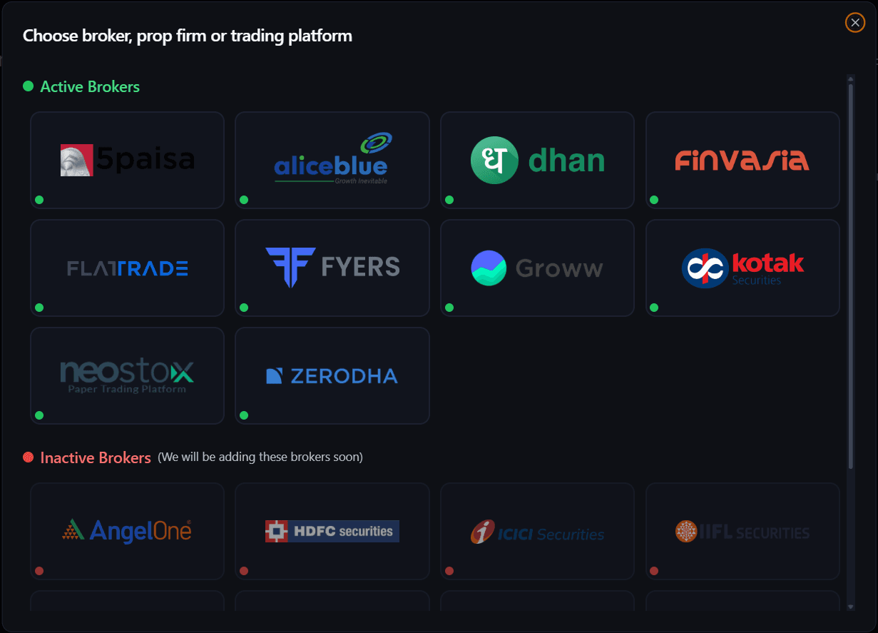 Indian broker integrations dashboard