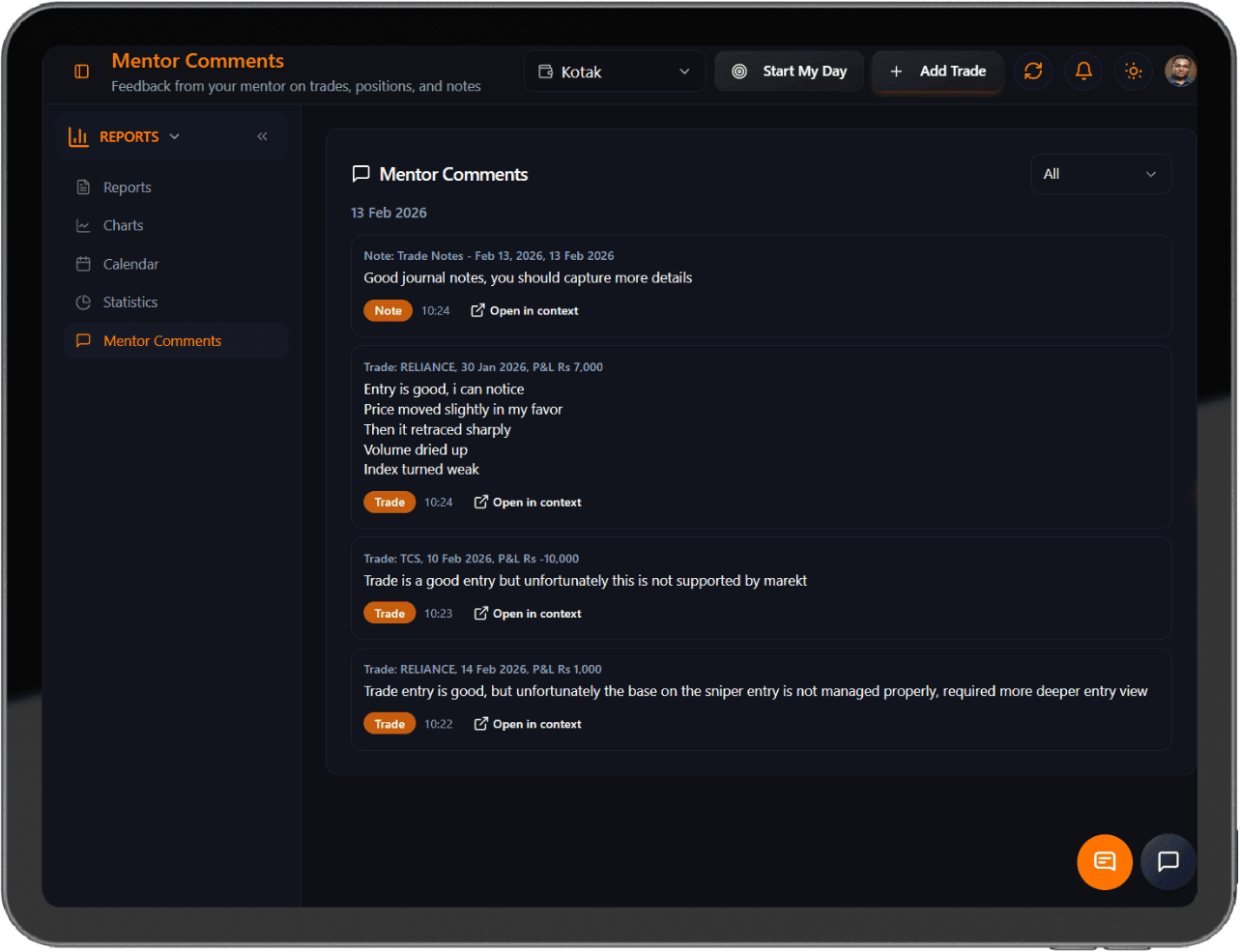 Mentor Comments page listing feedback by date, each item labelled Note or Trade with the symbol, date and P&L of the trade it refers to, the mentor's comment and an Open in context link